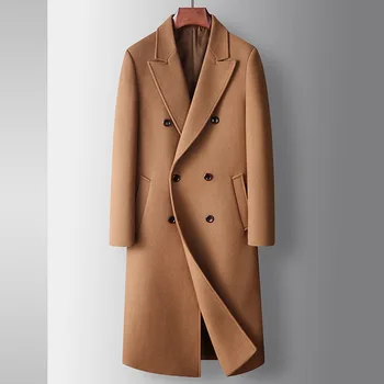 Мужское зимнее шерстяное пальто, мужская длинная однотонная деловая повседневная шерстяная ветровка, высококачественное Двубортное повседневное шерстяное теплое пальто