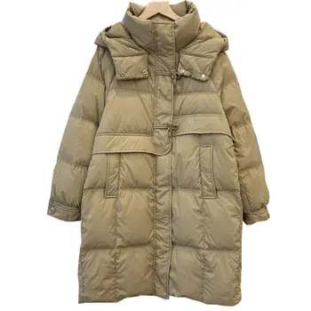 Новая зимняя женская хлопковая одежда из хлопка, однотонное женское ветрозащитное пальто средней длины с капюшоном, женские парки