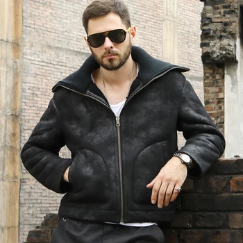 Новая мужская куртка из овечьей шерсти B3, Черная кожаная куртка, Короткое меховое пальто, утепленное шерстяное пальто, Модная мотоциклетная куртка 1