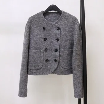 Новое высококачественное двустороннее шерстяное пальто, женская короткая модная двубортная Длинная меховая куртка из верблюжьей шерсти Tide Осень-зима