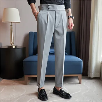 Новые Однотонные брюки с высокой талией в Британском стиле, мужские однотонные официальные брюки Высокого качества, Приталенный деловой Повседневный костюм, Брюки Hommes