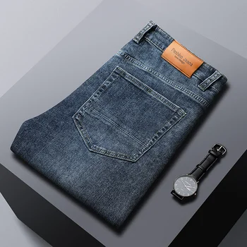 Осенняя классика 2023, Мужские Прямые джинсы из 95% хлопка, Деловые Модные Стрейчевые джинсовые брюки, Мужские Брендовые брюки дымчато-серого, синего цвета