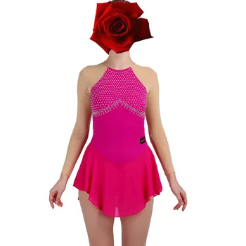 Платье для фигурного катания Женщины девушка Платье для катания на коньках Гимнастический костюм на заказ Горный хрусталь розово-красный B091 1