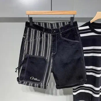 Полосатые контрастные джинсовые шорты в стиле пэчворк для мужчин, летняя японская модная рабочая одежда, брюки 5/4, Свободные прямые брюки
