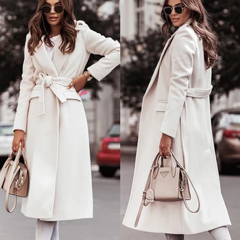 Популярное осенне-зимнее простое шерстяное пальто с длинным рукавом и V-образным вырезом для женщин