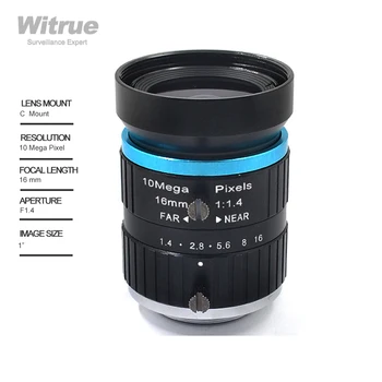 Профессиональный Промышленный объектив машинного зрения Witrue 4K HD 10MP 16mm C Mount с низким уровнем искажений F1.4-1.6 для HD-камеры видеонаблюдения