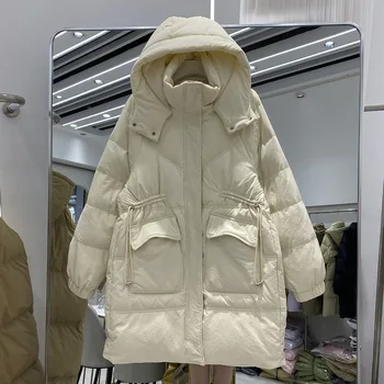 Пуховик женский средней длины, демисезон 2023, новое высококачественное роскошное зимнее пальто с капюшоном, плотное, сохраняющее тепло, tide