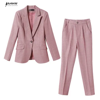 Розовые клетчатые костюмы, женская новая мода, темперамент, осенняя строгость, тонкий блейзер и брюки, Офисная женская рабочая одежда серого цвета