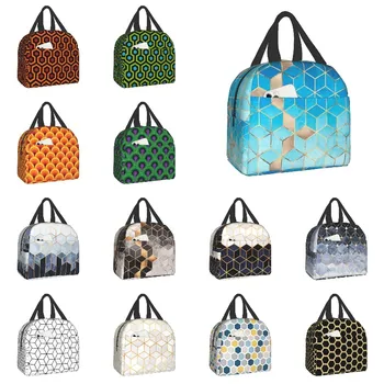 Роскошная Изолированная сумка-тоут с абстрактными Кубиками и Геометрическим Рисунком для Ланча для женщин, Портативный термоохладитель, коробка для Бэнто, походные дорожные сумки 1