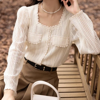 Рубашка с длинными рукавами Sandro Rivers, Весенняя тонкая Открытая дизайнерская блуза за пределами кружевного платья, женские рубашки 1