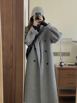 Серое двустороннее войлочное пальто, женское пальто средней длины 2023, осенне-зимнее новое корейское двубортное тонкое шерстяное пальто