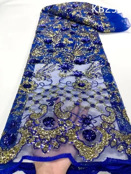 Темно-синяя Кружевная ткань Sequence, Нигерийская Кружевная ткань 2023, Высококачественная Тюлевая Кружевная ткань С блестками, Французская Сетка для Шитья KB2599