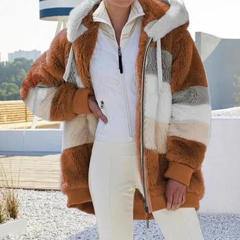 Толстая теплая плюшевая куртка, пальто, Женская зимняя куртка 2023 С длинным рукавом, Пушистые Волосатые Куртки из искусственного меха, Женское пальто с капюшоном и карманами на молнии 1