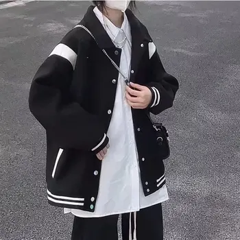 Уличная куртка-бомбер HOUZHOU, Женская Корейская мода, Большие размеры, Винтажные бейсбольные куртки Y2k, Черные Повседневные пальто в стиле Харадзюку для колледжа 1