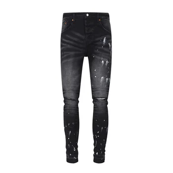 Уличные модные мужские джинсы в стиле ретро, черные, серые, стрейчевые, облегающие, рваные Джинсы, дизайнерские брюки в стиле хип-хоп, мужские фиолетовые джинсы