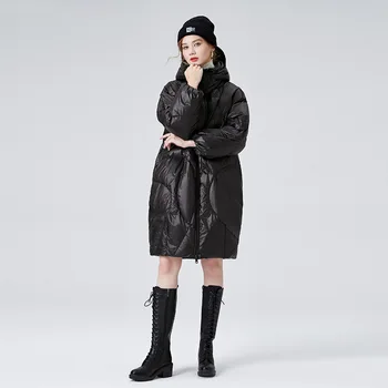 Черное глянцевое утолщенное женское пальто, Хлопковая куртка, Верхняя одежда, Ветрозащитный Свободный пуховик средней длины С капюшоном, Женское зимнее пальто 1