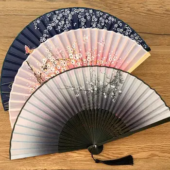 Шелковый складной веер в винтажном стиле с китайским японским рисунком, подарок для рукоделия, украшение для дома, танцевальный ручной веер