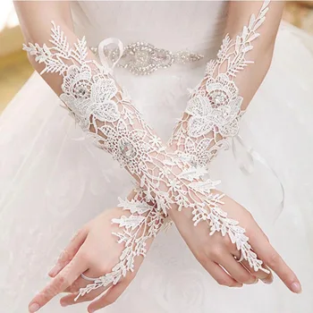 Элегантные Белые Кружевные Длинные свадебные перчатки для невесты, хрустальные свадебные перчатки без пальцев до локтя, женские свадебные аксессуары SL