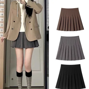 Юбка JK больших размеров для женщин, короткая однотонная юбка для школьной формы, мини-плиссированная юбка трапециевидной формы с высокой талией, длина 37-39 см 1