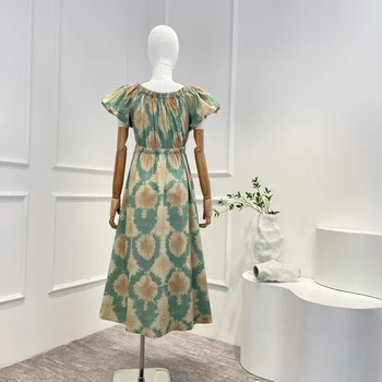 2023 Новое зеленое весенне-летнее хлопковое Высококачественное винтажное Женское повседневное платье миди с завязками на талии 2