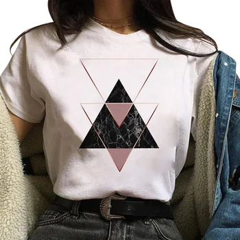 E25 Красивая футболка с геометрическим принтом, топы, футболки, милые женские футболки с коротким рукавом 2