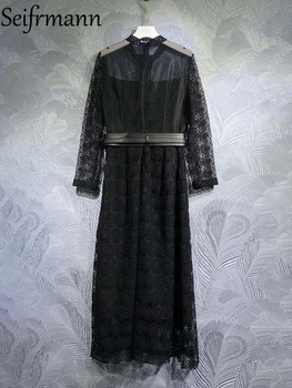 Seifrmann Высококачественное весеннее женское модное дизайнерское длинное платье с поясом, высокой талией, открытыми плечами, большими размахами, черными платьями с принтом 2