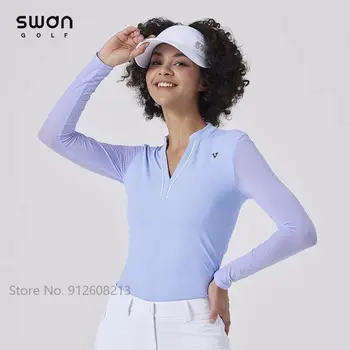SG Летние охлаждающие Женские футболки для гольфа из ледяного шелка, Женские топы для гольфа с защитой от ультрафиолета, рубашки со стоячим воротником, спортивная майка с V-образным вырезом 2