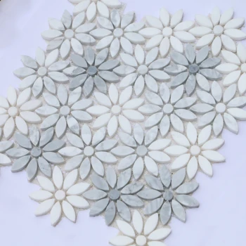Белые Геометрические квадраты в цветочек, полированный мрамор, Сетчатая мозаика на стене, Ванная комната, напольная плитка и кухонная панель, Теплая 2