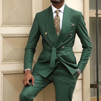 Зеленые Мужские костюмы Высокого Качества Slim Fit, 2 предмета, модный платок с лацканами, Двубортный мужской Блейзер, Повседневный свадебный костюм для выпускного вечера 2