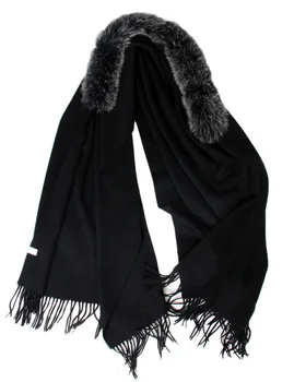 Кашемировый шарф с отделкой из лисьего меха осень зима весна натуральный лисий мех 100% чистый кашемир Черный цвет шарф-накидка S34 2