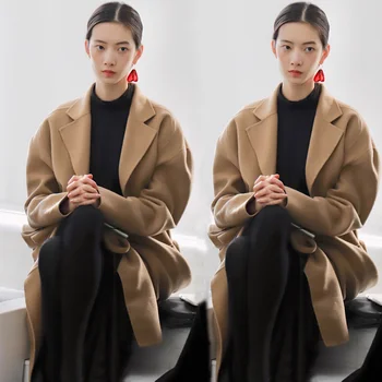 Классическое и модное пальто цвета хаки двустороннее шерстяное пальто женское длиной до колена шерстяное пальто средней длины женское 2