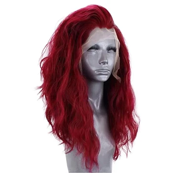 Красные длинные волнистые парики на кружеве для женщин, синтетический парик на кружеве, натуральные волнистые парики с челкой сбоку, 16 Дюймов 2