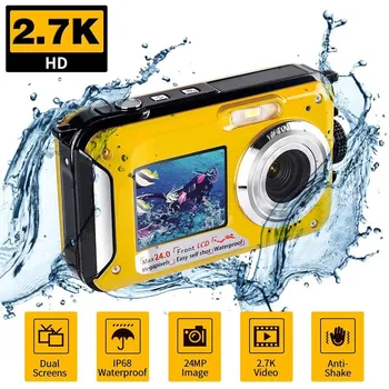 Подводная цифровая камера с двойным экраном, Селфи-Видеомагнитофон, Водонепроницаемая защита от встряхивания 1080P FHD 2.4MP, поддержка TF-карты 32 ГБ, 16-кратный зум 2