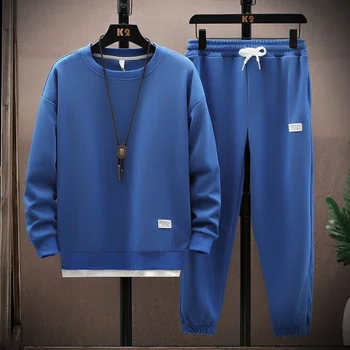Синий Спортивный костюм Для мужчин в стиле хип-хоп, Комплект из 2 предметов, Мужская Модная одежда, Однотонный спортивный костюм для бега, Мужские спортивные костюмы с длинным рукавом, Весна-осень 2
