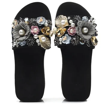 Тапочки с жемчужным цветком, женская летняя модная пляжная обувь с толстой подошвой, нескользящая, женская, с надписью 