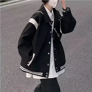 Уличная куртка-бомбер HOUZHOU, Женская Корейская мода, Большие размеры, Винтажные бейсбольные куртки Y2k, Черные Повседневные пальто в стиле Харадзюку для колледжа 2