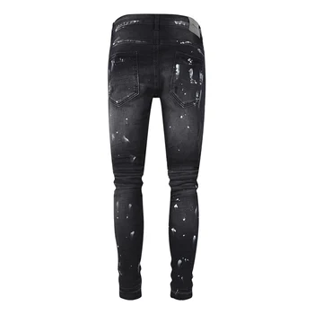 Уличные модные мужские джинсы в стиле ретро, черные, серые, стрейчевые, облегающие, рваные Джинсы, дизайнерские брюки в стиле хип-хоп, мужские фиолетовые джинсы 2