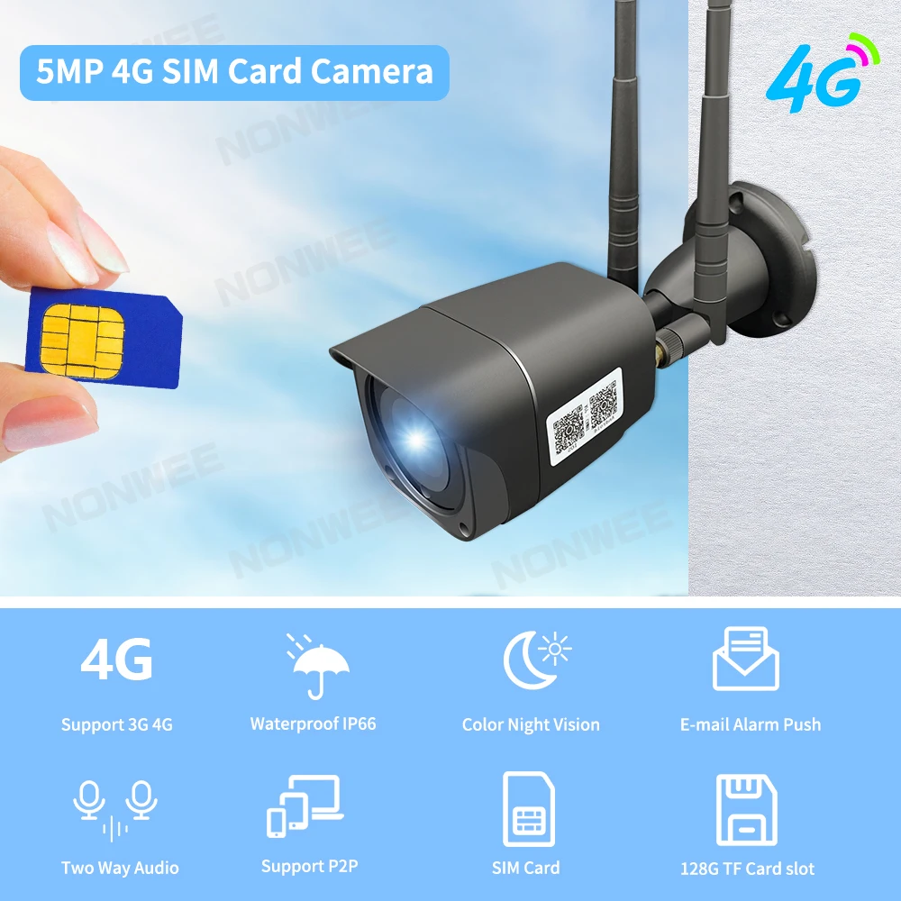 1080P 5-мегапиксельная беспроводная охранная камера ночного видения на открытом воздухе с 4G SIM-картой, двухстороннее аудио, WIFI, Металлическая камера, приложение Onvif CamHi Изображение 1
