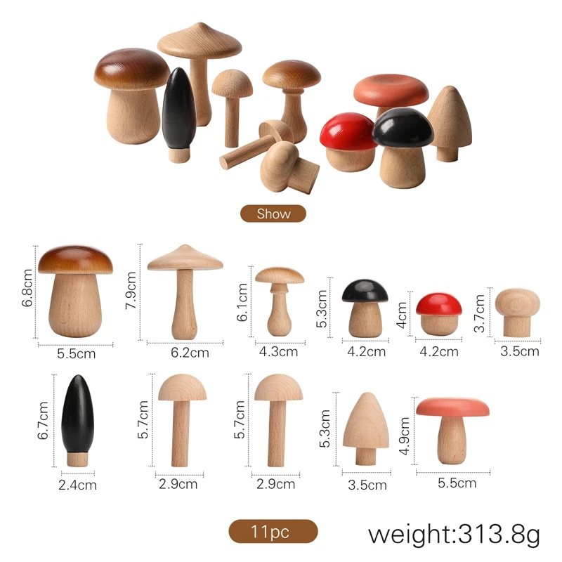 11 шт., детский деревянный блок, строительные блоки-грибы, обучающая игрушка Монтессори, соответствующие органы чувств, сборка, баланс, подарок для новорожденных Изображение 1