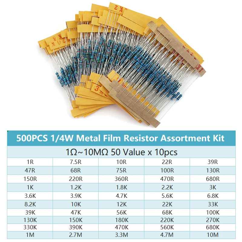 500 шт./лот, 50 значений, набор резисторов 1/4 Вт, Металлический пленочный набор резисторов, резистор 1 Ом -10 Мом, электронный набор 