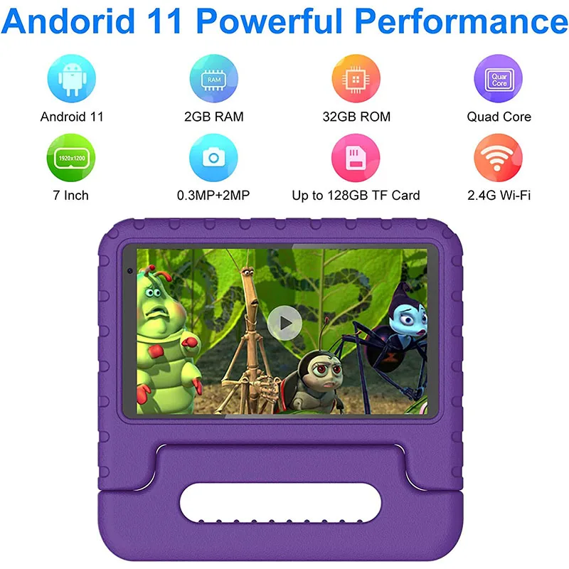 AOCWEI 2023 Планшет для детей, 7-Дюймовый Планшет для малышей, Android 11, Четырехъядерный Родительский контроль, Предустановленное программное обеспечение для детей, Фиолетовый Изображение 1