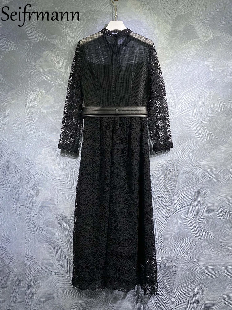 Seifrmann Высококачественное весеннее женское модное дизайнерское длинное платье с поясом, высокой талией, открытыми плечами, большими размахами, черными платьями с принтом Изображение 1