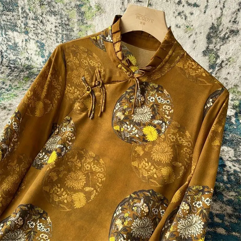 Блузка-рубашка в винтажном китайском стиле, женская диагональная планка с пряжкой, рубашка из искусственного шелка с цветочным рисунком, воротник-стойка, рубашка цвета шелковицы, топы Изображение 1