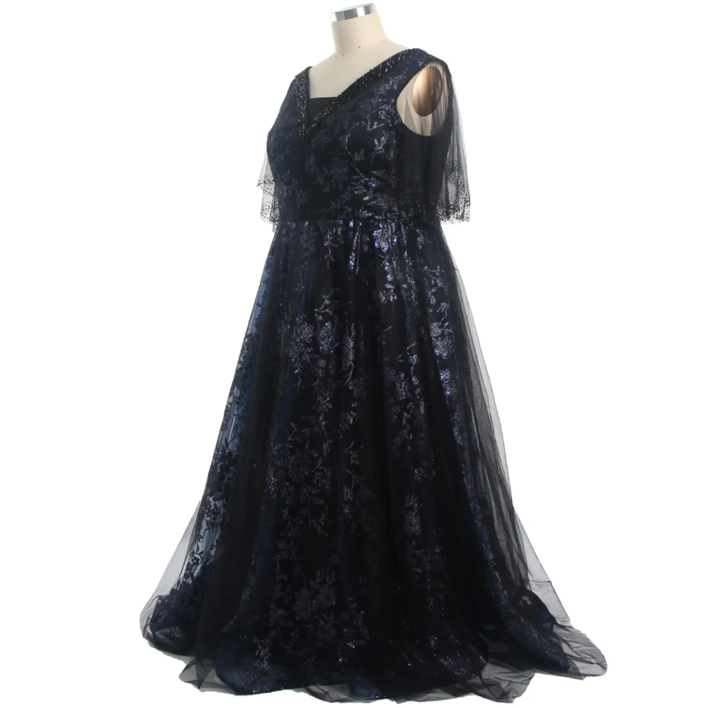Вечерние платья, Черные, расшитые бисером, с пайетками, с V-образным вырезом, С короткими рукавами, Трапециевидной формы, длиной до пола, Большие размеры, Женское Вечернее Платье DR1063 Изображение 1