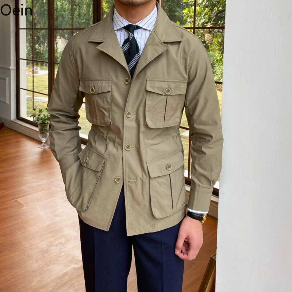 Винтажная мужская куртка-сафари с четырьмя карманами, охотничьи пальто, приталенный крой цвета Хаки, бежевый плюс Изображение 1