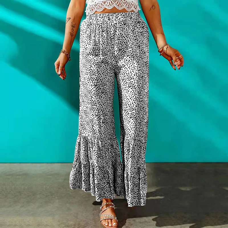 Женская уличная одежда, Модные Трендовые Свободные брюки, Летние Новые повседневные расклешенные брюки с винтажным принтом, Элегантные женские брюки средней талии Изображение 1