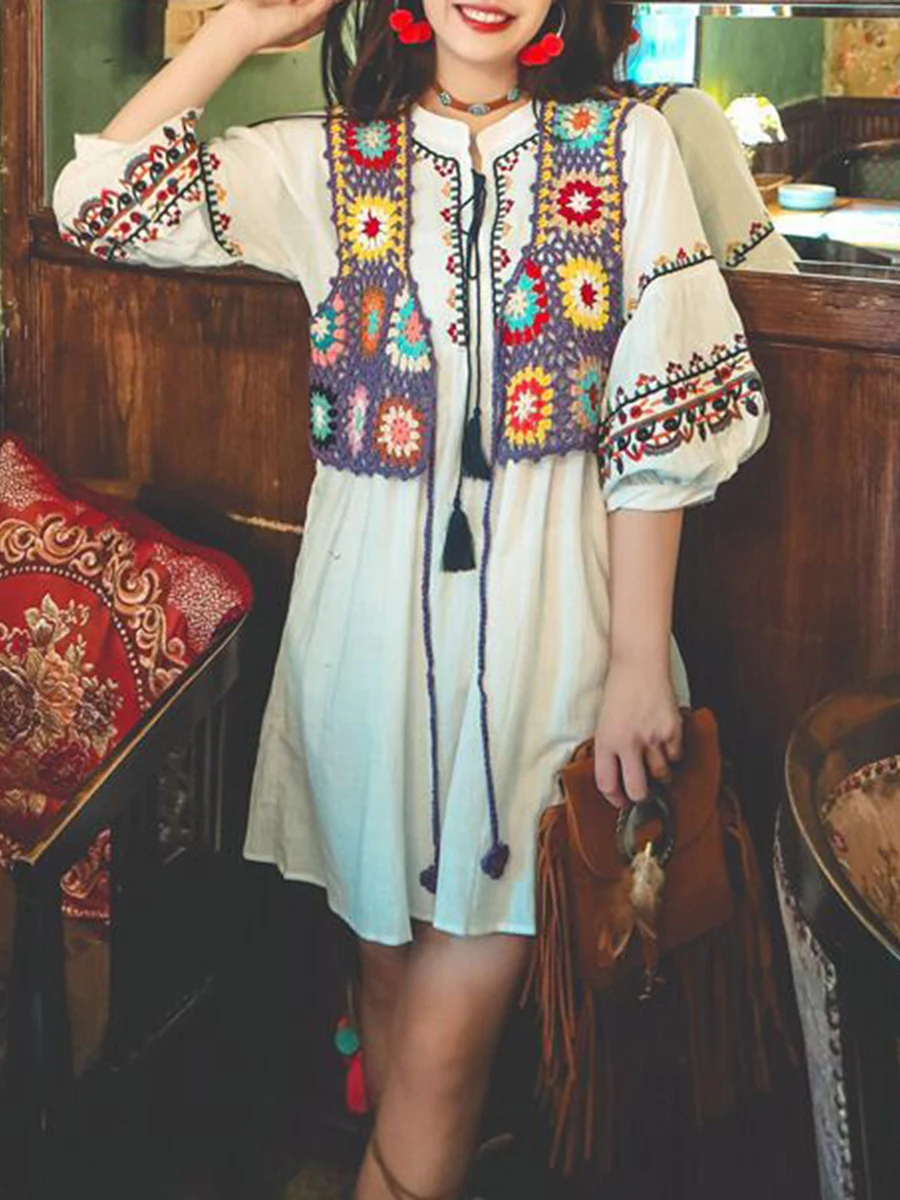 Женский Винтажный жилет-кардиган без рукавов в богемном стиле с цветочной вышивкой - Y2K, укороченная верхняя одежда для уличной моды Изображение 1