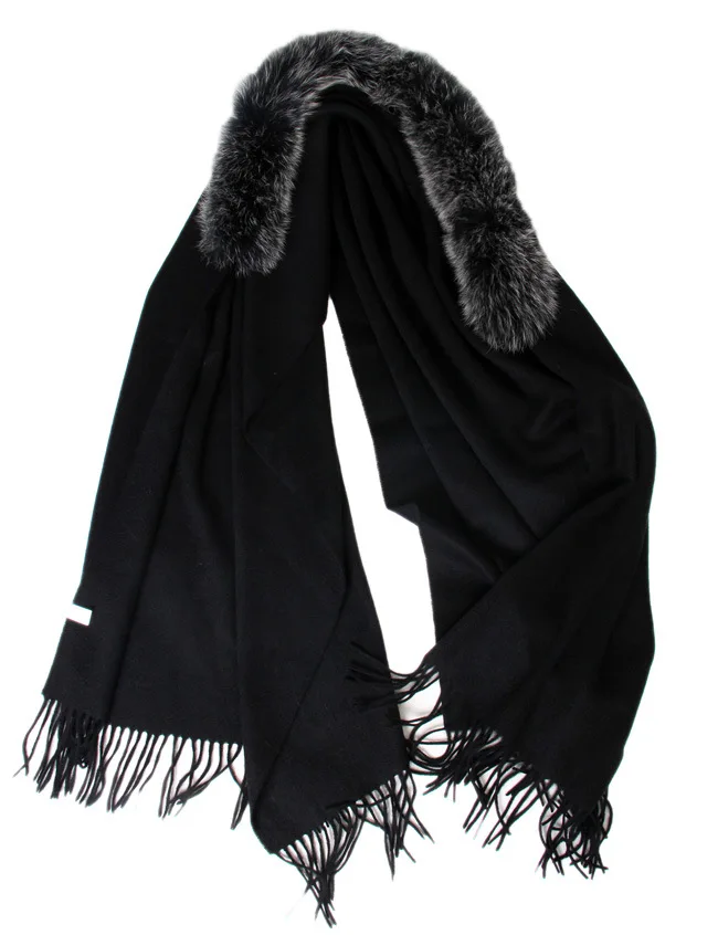 Кашемировый шарф с отделкой из лисьего меха осень зима весна натуральный лисий мех 100% чистый кашемир Черный цвет шарф-накидка S34 Изображение 1