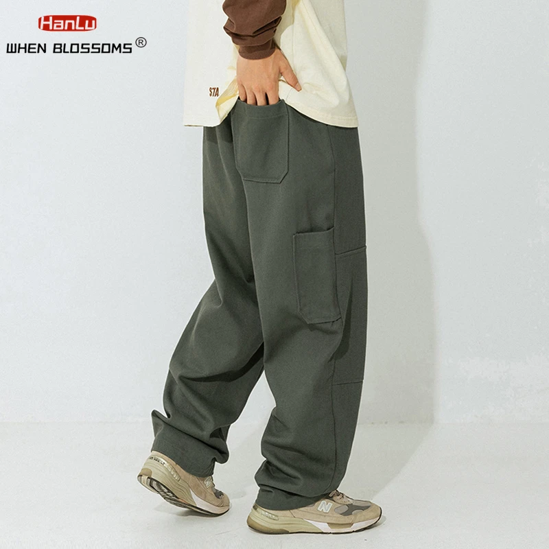 Корейско-японская Уличная одежда, Хлопковые Повседневные брюки, Мужские брюки цвета Хаки Оверсайз, Мужские Уличные брюки в стиле Пэчворк, Черные, Зеленые, Свободные Брюки-карго Изображение 1