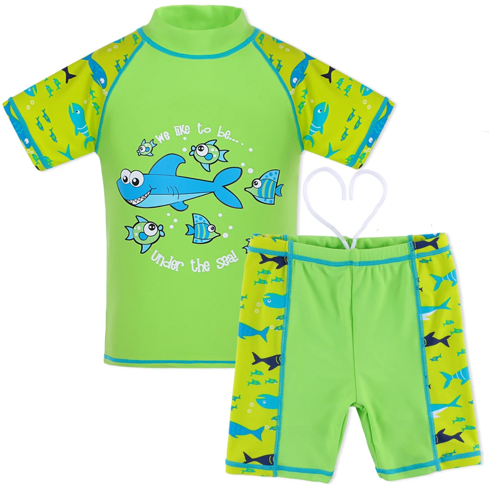 Купальный костюм для мальчиков 3-10 лет, Купальник из двух частей, Детский купальник с рисунком Мультяшной акулы UPF50 +, Купальный костюм для мальчиков, Детская одежда для плавания из лайкры Изображение 1